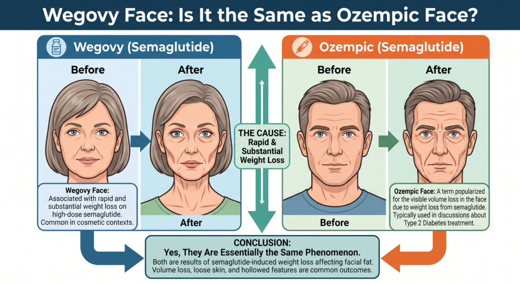 Infographic comparing Wegovy face and Ozempic face facial changes during weight loss
